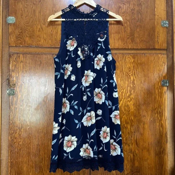 princess polly baby blue dress Entro Dresses | Entro Floral Midi Dress with Lace Trim Detailing Spring Summer Flowy Dress Sz L | Color: Blue | Size: L